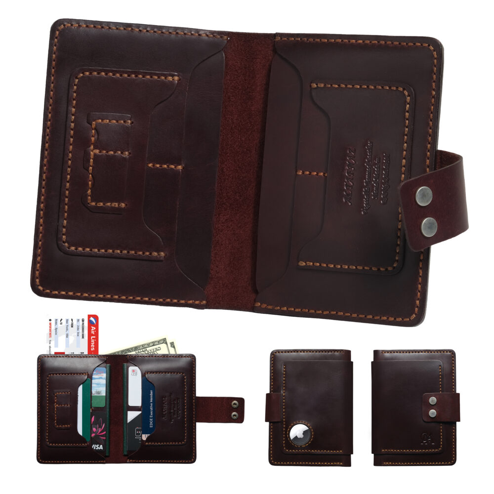 ALTAFNAZ Handmade Leather Passport Wallet for Travel, Vegetable Tanned Crazy Horse Leather Passport Holder with AirTag Pocket, 2 Passport Capacity, 6 Card Slots, Cash Pocket, Travel Document Organizer