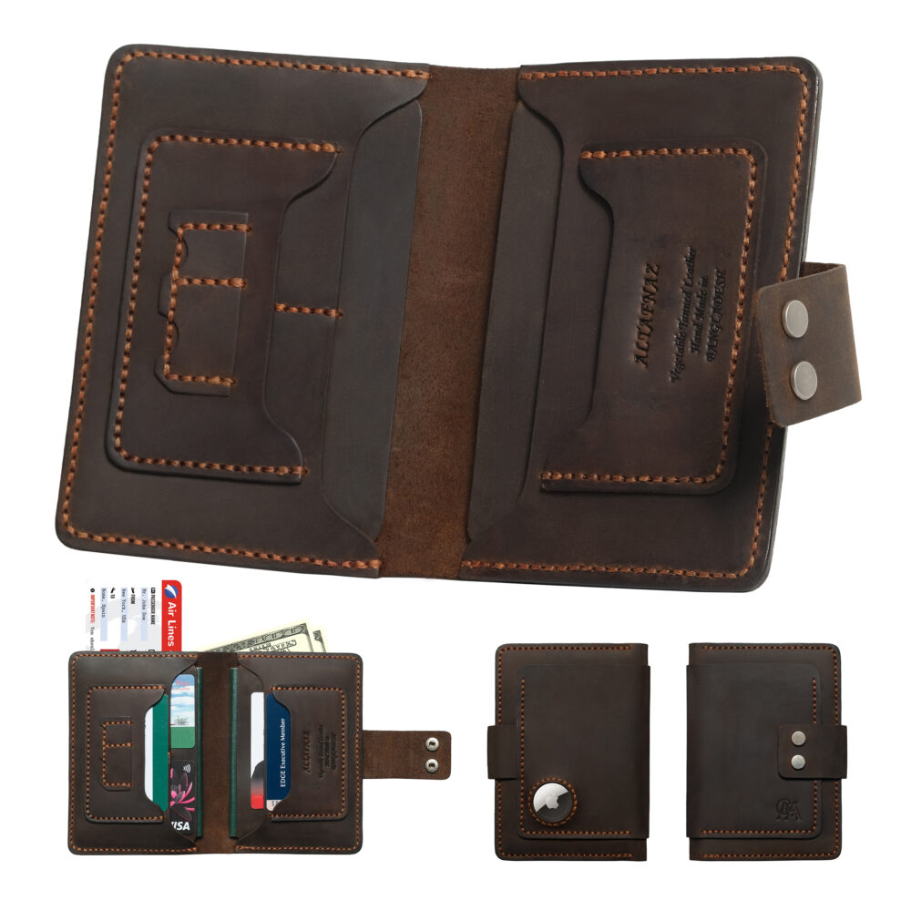 ALTAFNAZ Handmade Leather Passport Wallet for Travel, Vegetable Tanned Crazy Horse Leather Passport Holder with AirTag Pocket, 2 Passport Capacity, 6 Card Slots, Cash Pocket, Travel Document Organizer